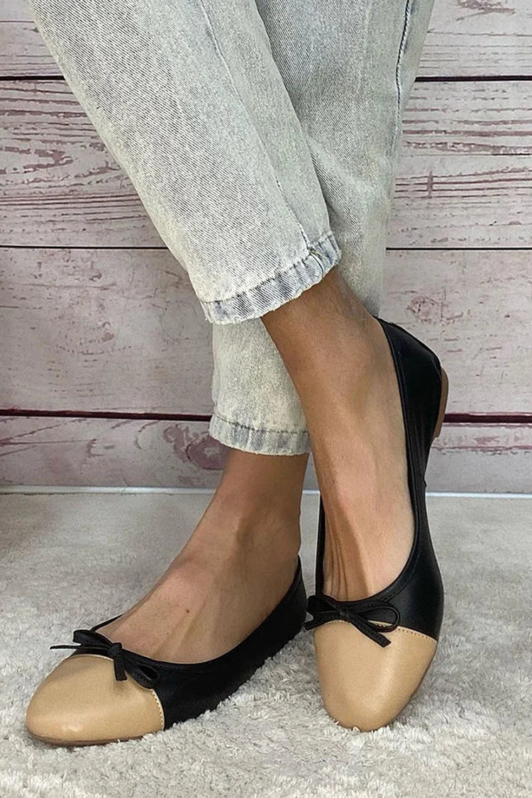 Black Colour Block Ballerinas with Round Toe and Bow