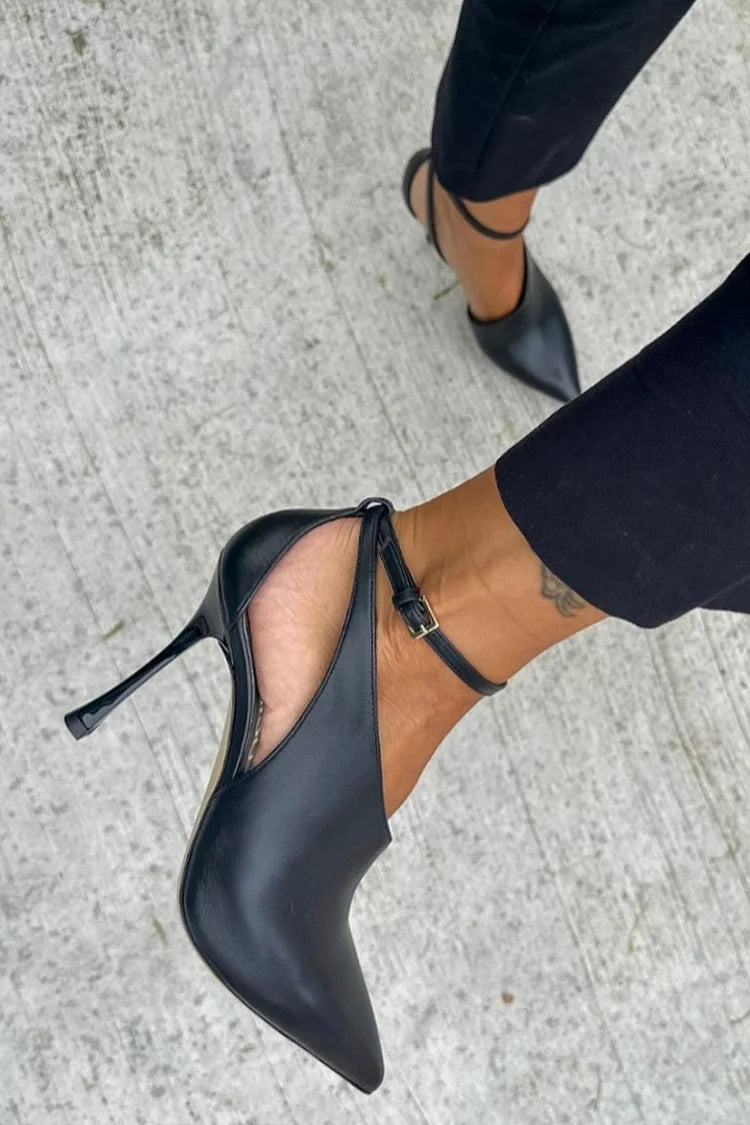 Cut-out Black Stiletto Heels with Pointed Toe, Ankle Strap and Buckle