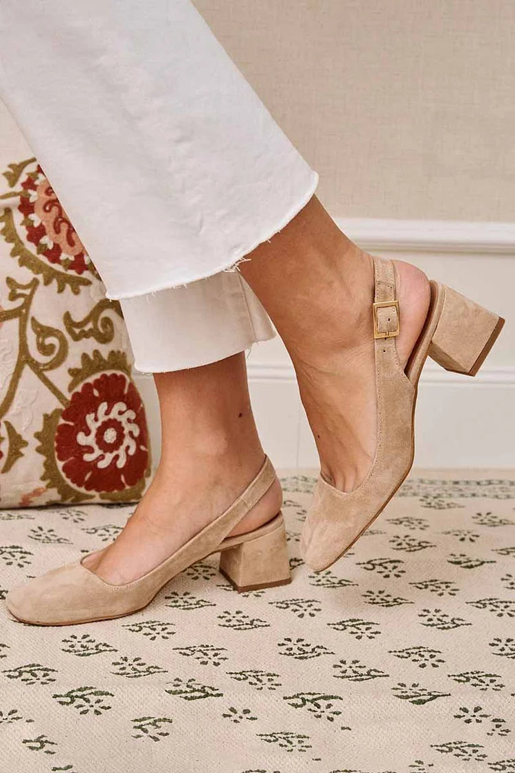 Essential chunky khaki slingback heels with square toe and buckle