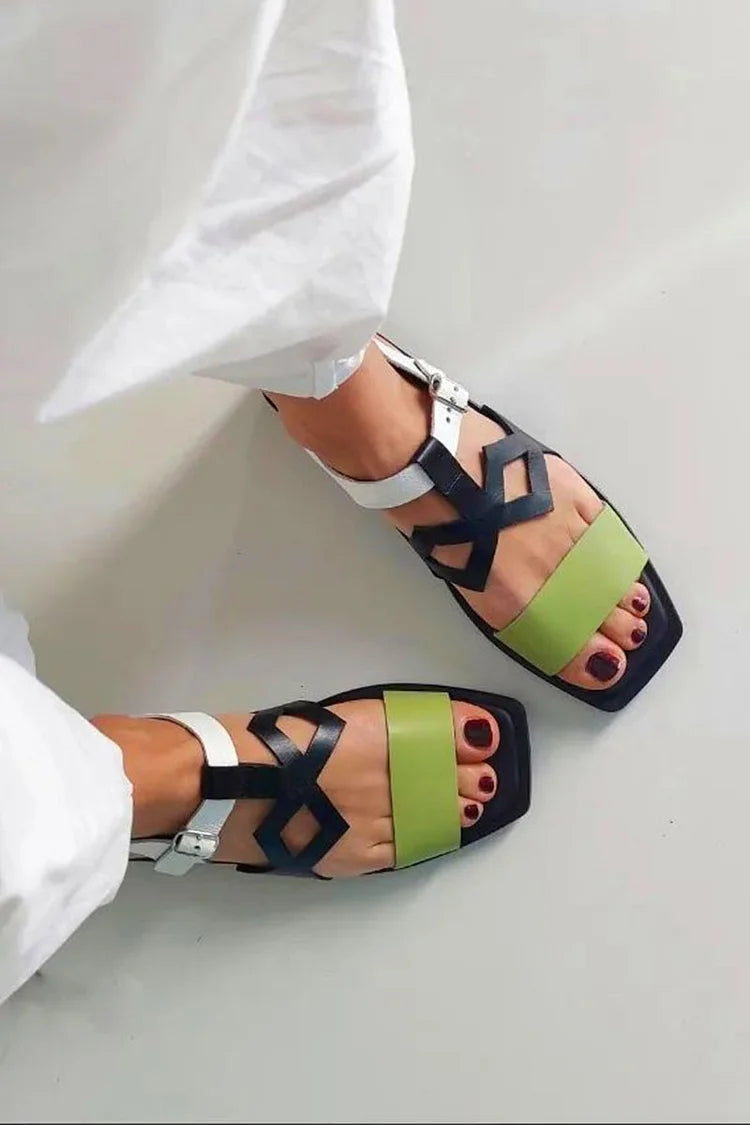 Black Colour Block Cut-Out Sandals with Square Toe