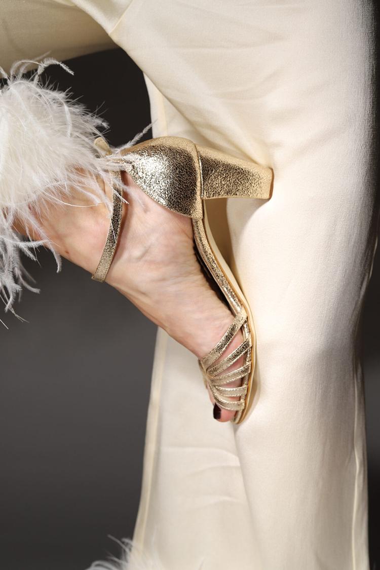 Wide metallic gold peep toe heels with ankle strap and buckle
