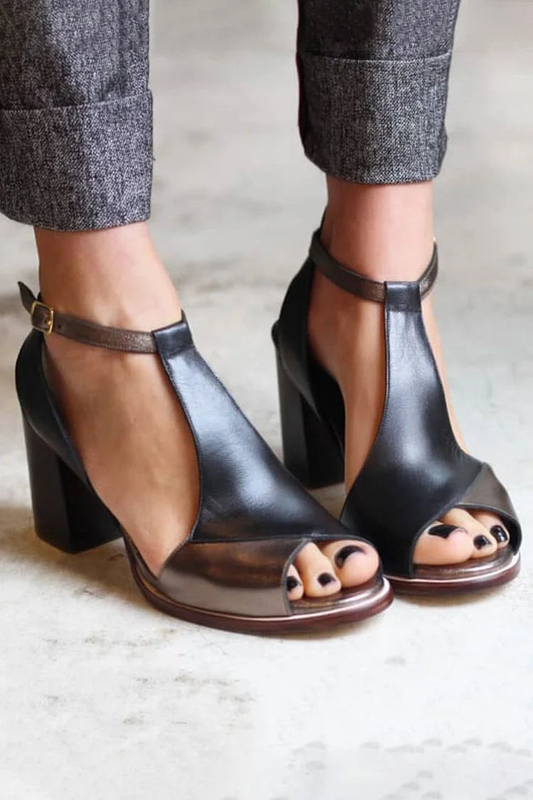 Wide peep toe patchwork Black with ankle strap