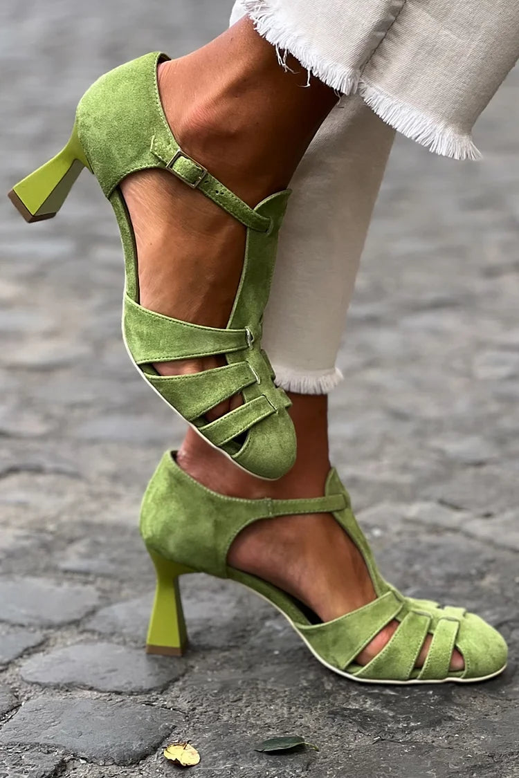 Cut-out Crochet Heeled Sandals in Green with Closed Toe