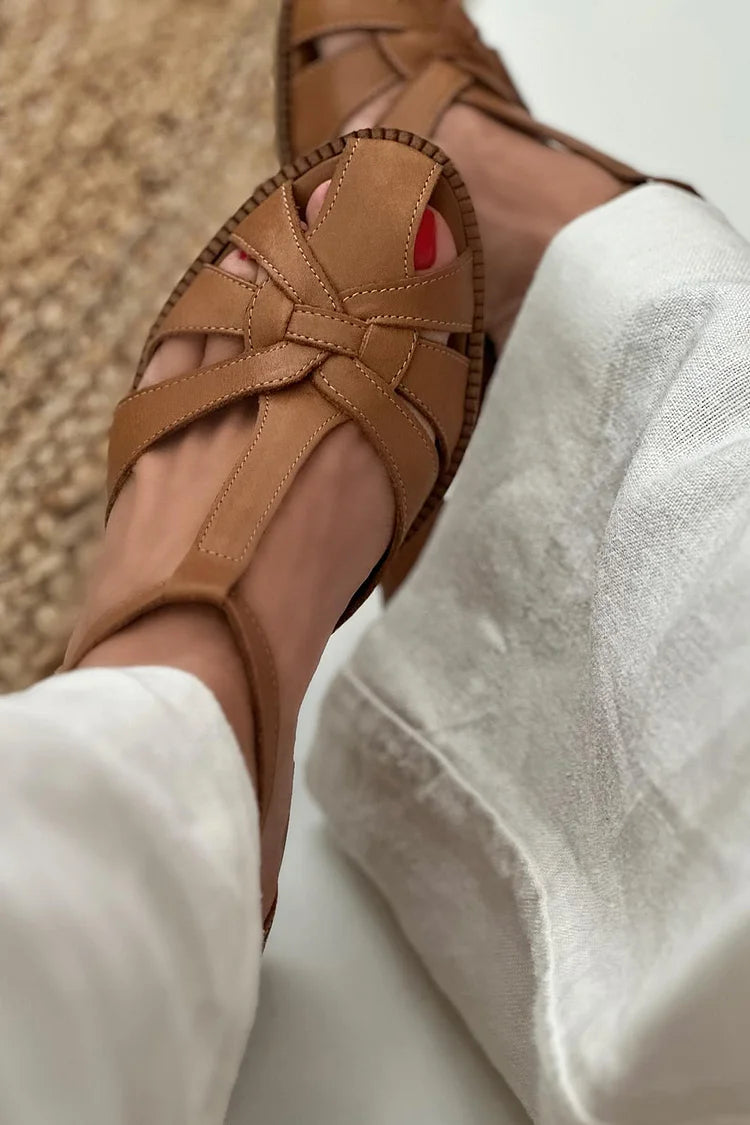 Brown Wide Cut-Out Woven Heels with Buckle and T-Strap