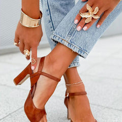 Brown Peep Toe Slingback Chunky Heels with Ankle Buckle