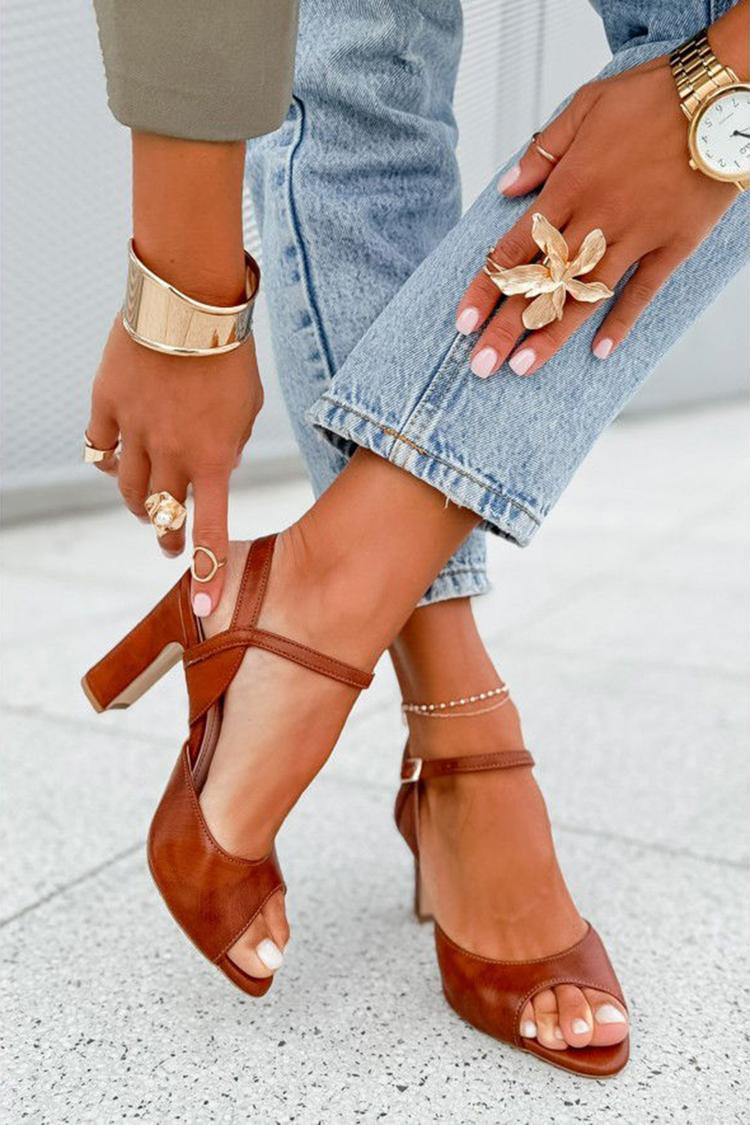 Brown Peep Toe Slingback Chunky Heels with Ankle Buckle