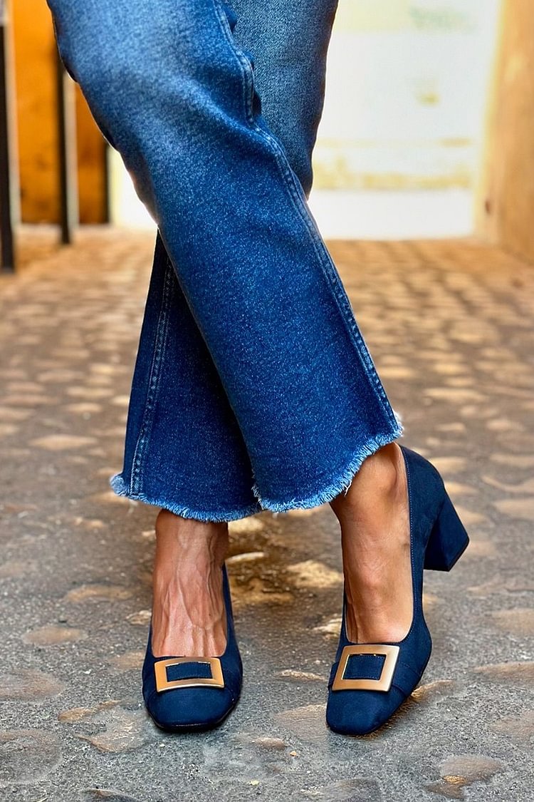Wide Patchwork Heels Navy Blue with Square Toe