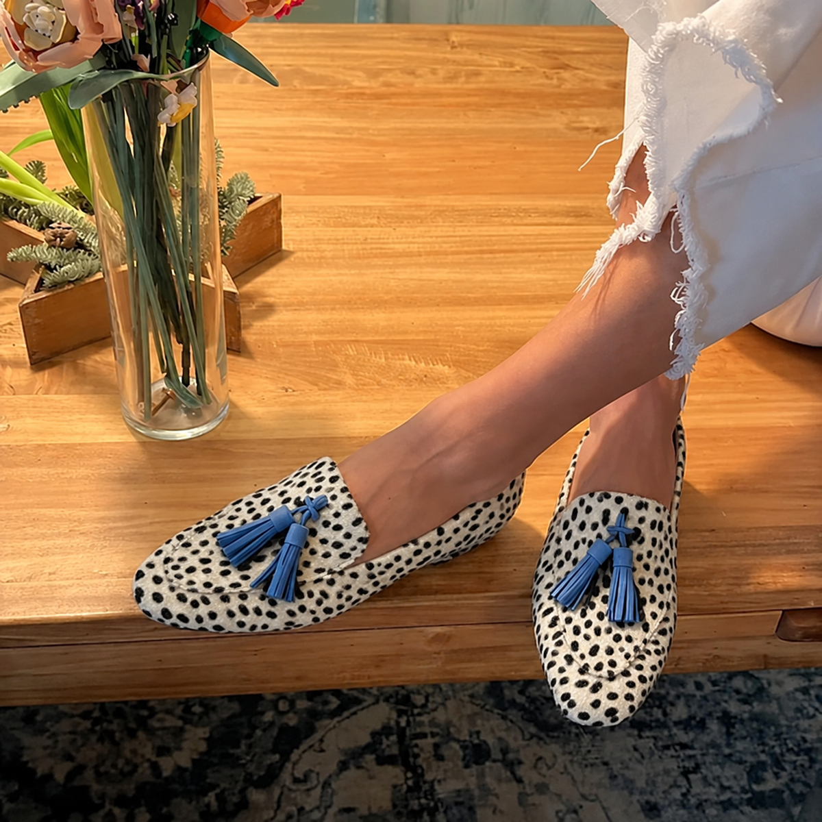 Leopard Print Loafers with Blue Tassel