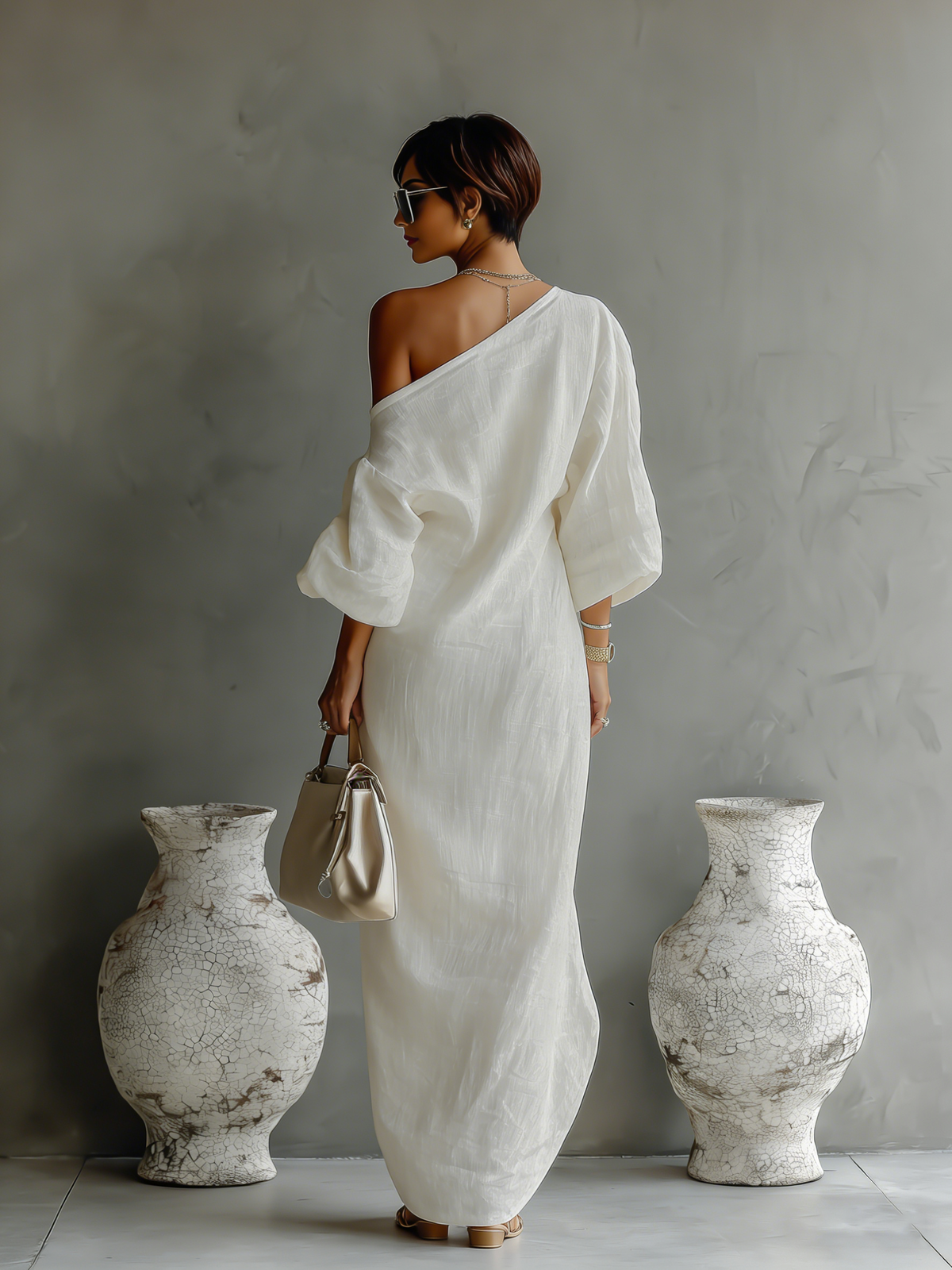 Rebecca - Ivory Flowing Dress with Off-the-Shoulder Design