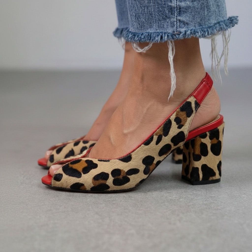 Red Leopard Print Block Heel Slingback Peep Toe