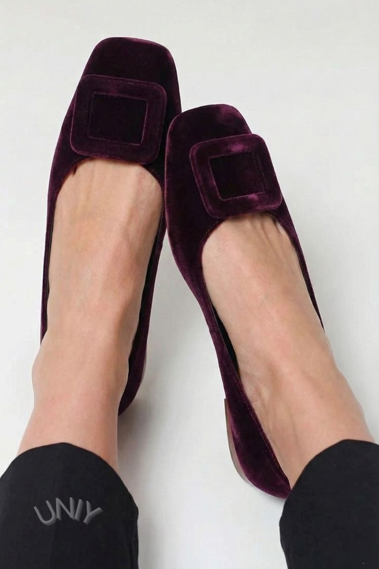 Square-Toed Velvet Ballerinas with Buckle