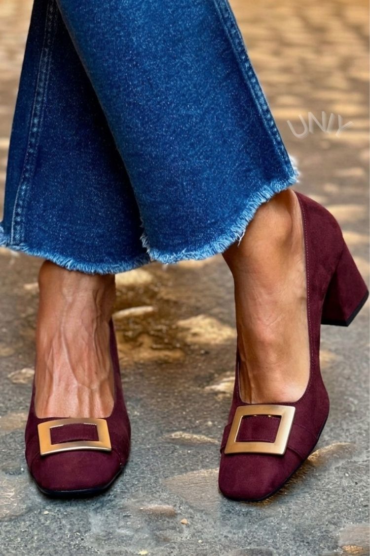 Wide Patchwork Heels Navy Blue with Square Toe