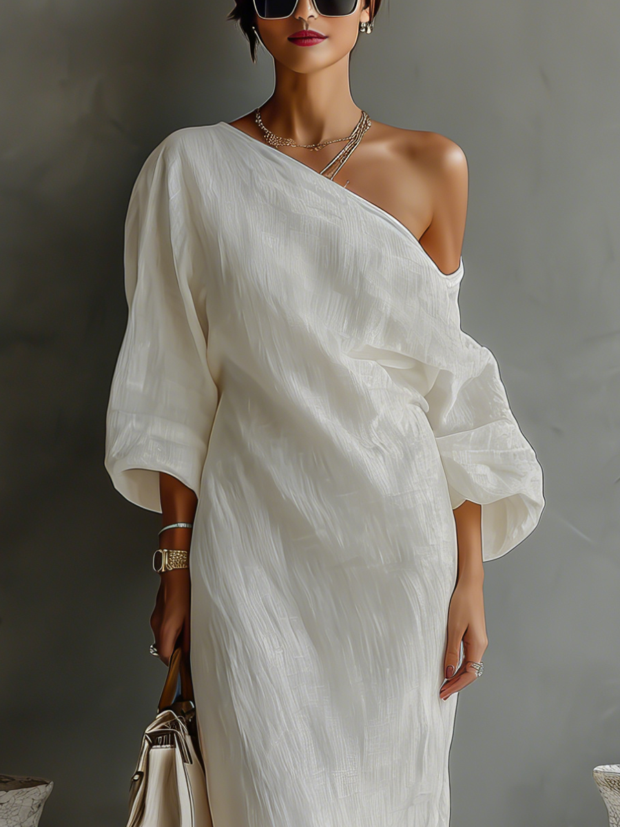 Rebecca - Ivory Flowing Dress with Off-the-Shoulder Design