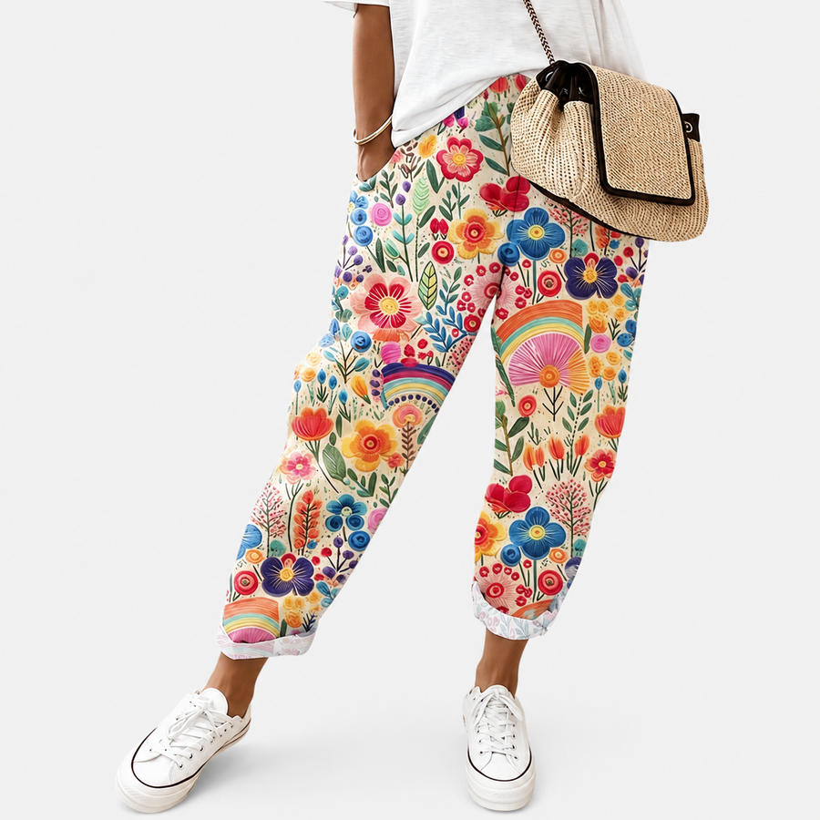 Comfortable trousers with a colourful garden rainbow print