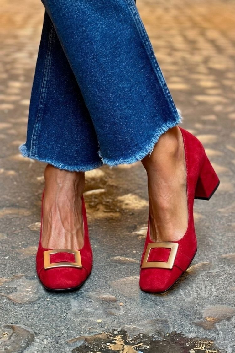 Wide Patchwork Heels Navy Blue with Square Toe