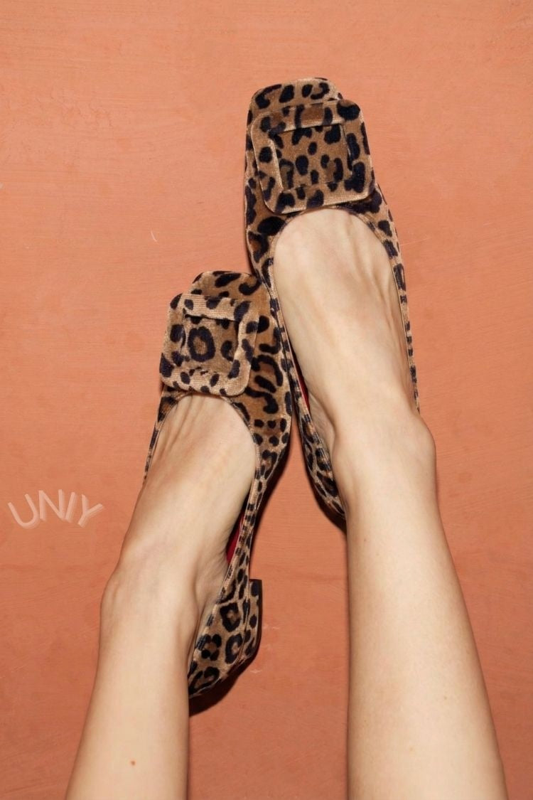 Square-Toed Velvet Ballerinas with Buckle