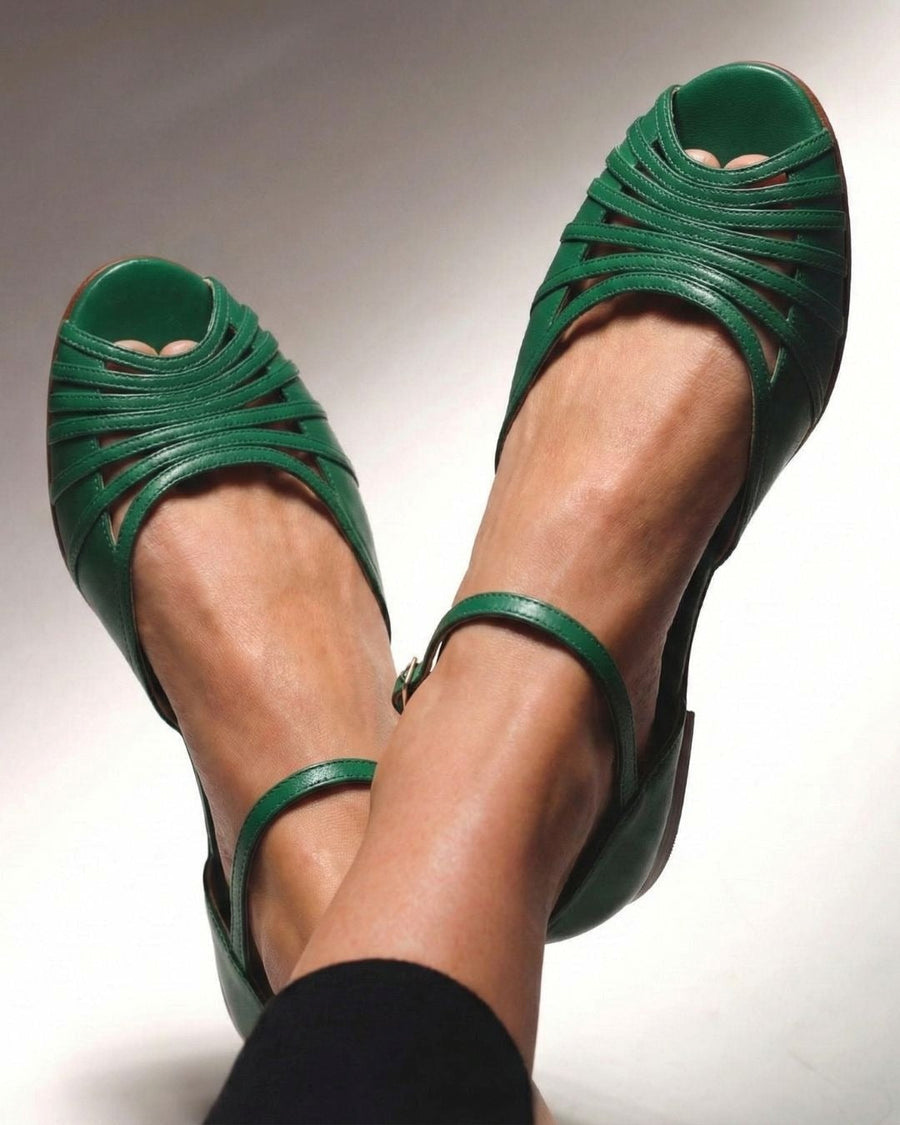Low Green Woven Peep Toe Sandals with Ankle Strap