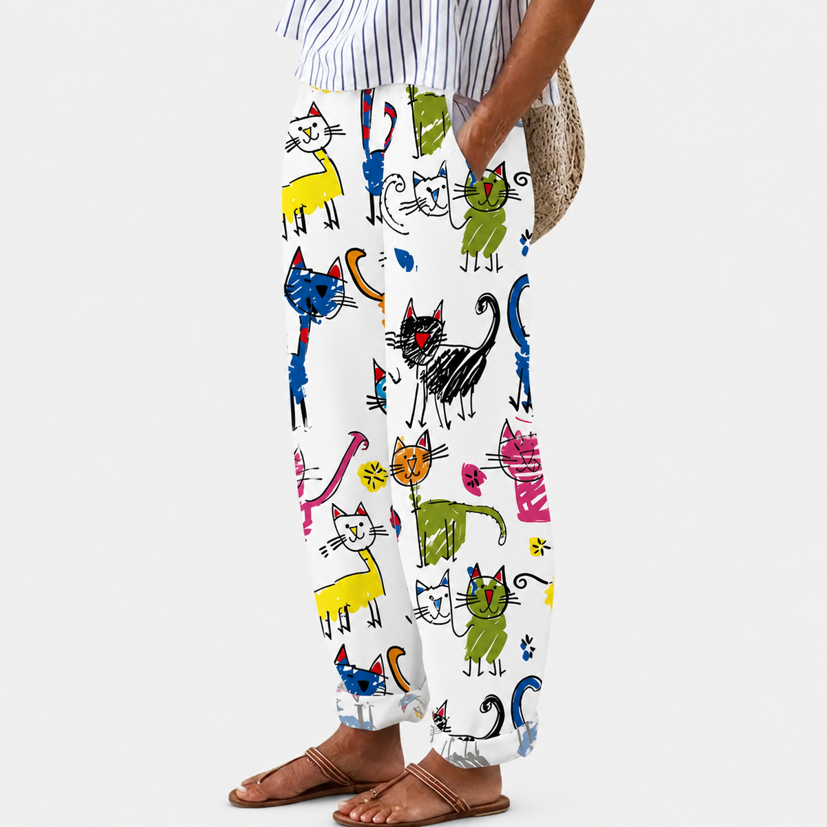 Comfort trousers with cheerful cat print