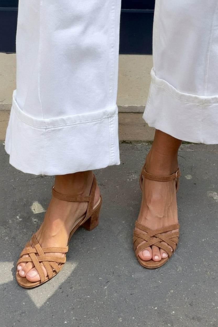 Camel suede sandals with ankle buckle and crossed straps