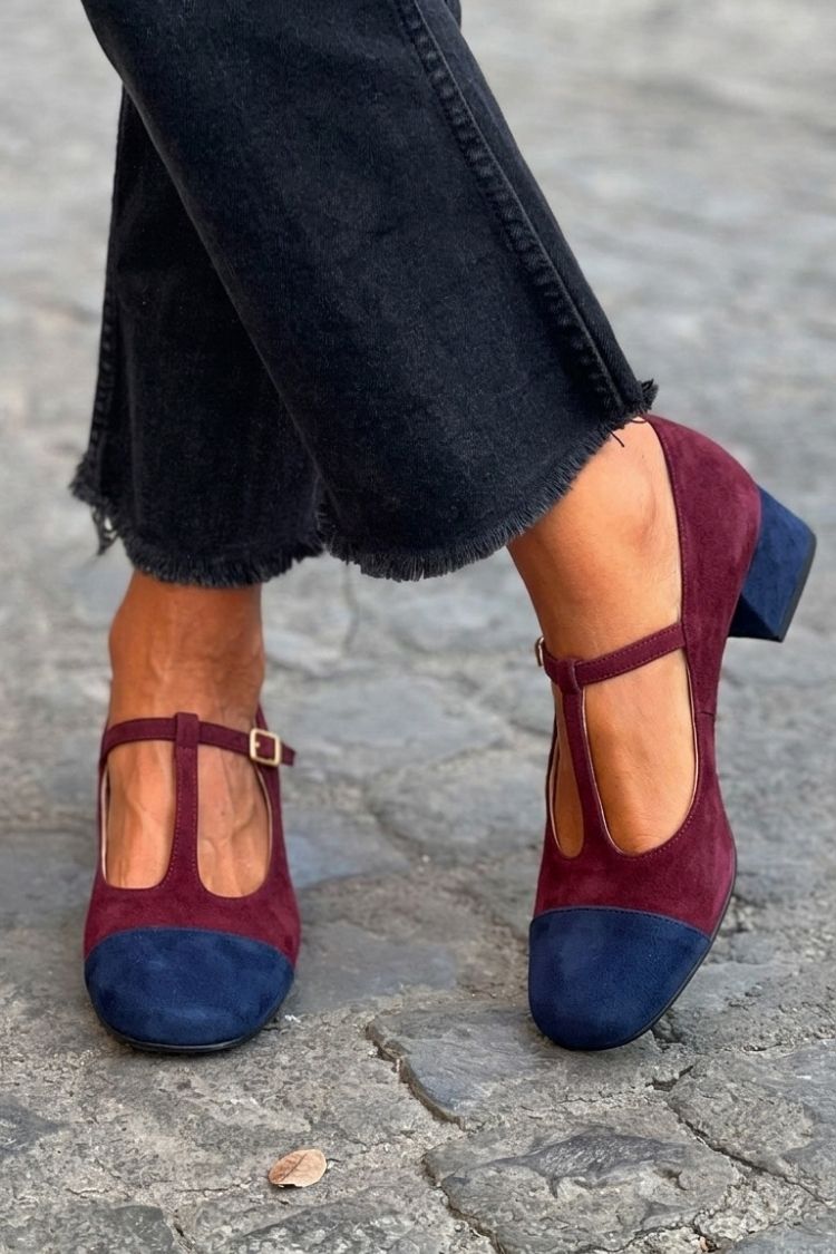Wide Patchwork Heels Red with Round Toe and T-Bar