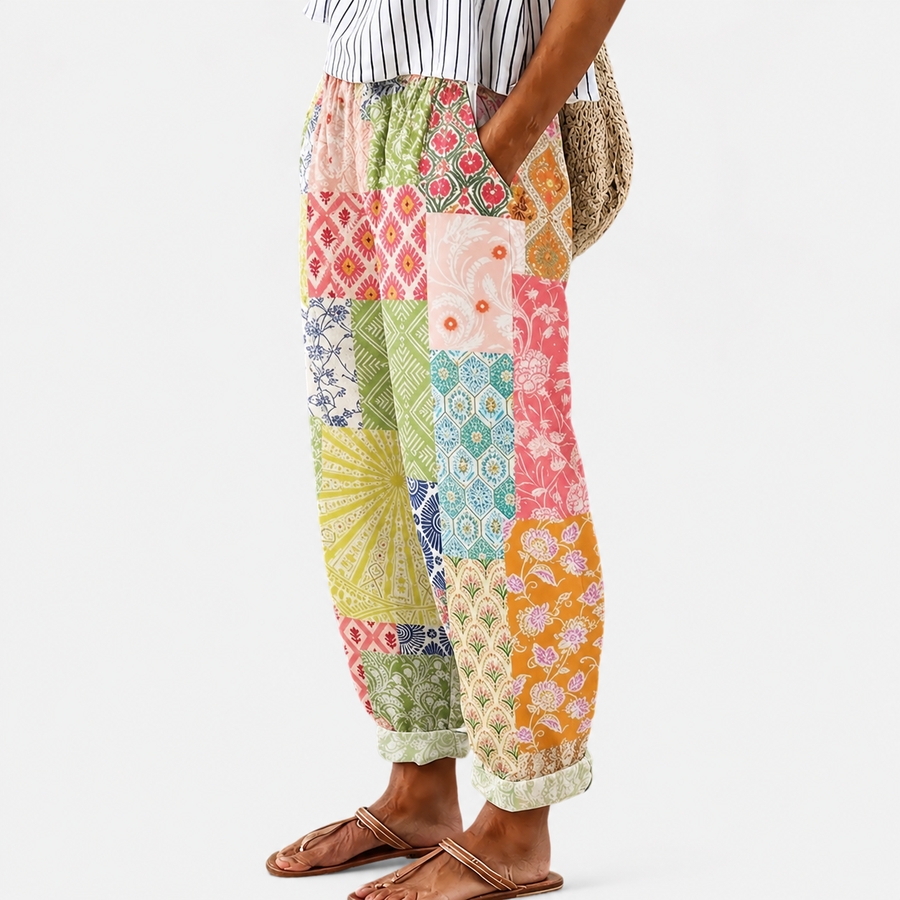 Comfort trousers with floral and mosaic print