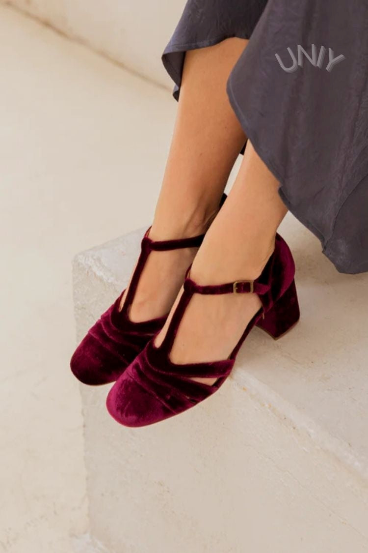 Wide Cut-Out Velvet Heels with Buckle and T-Strap