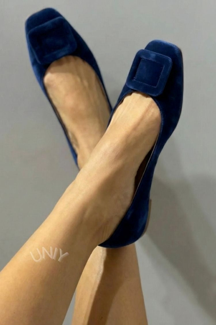 Square-Toed Velvet Ballerinas with Buckle