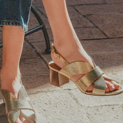 Metallic Crossover Slingback Sandals with Block Heel