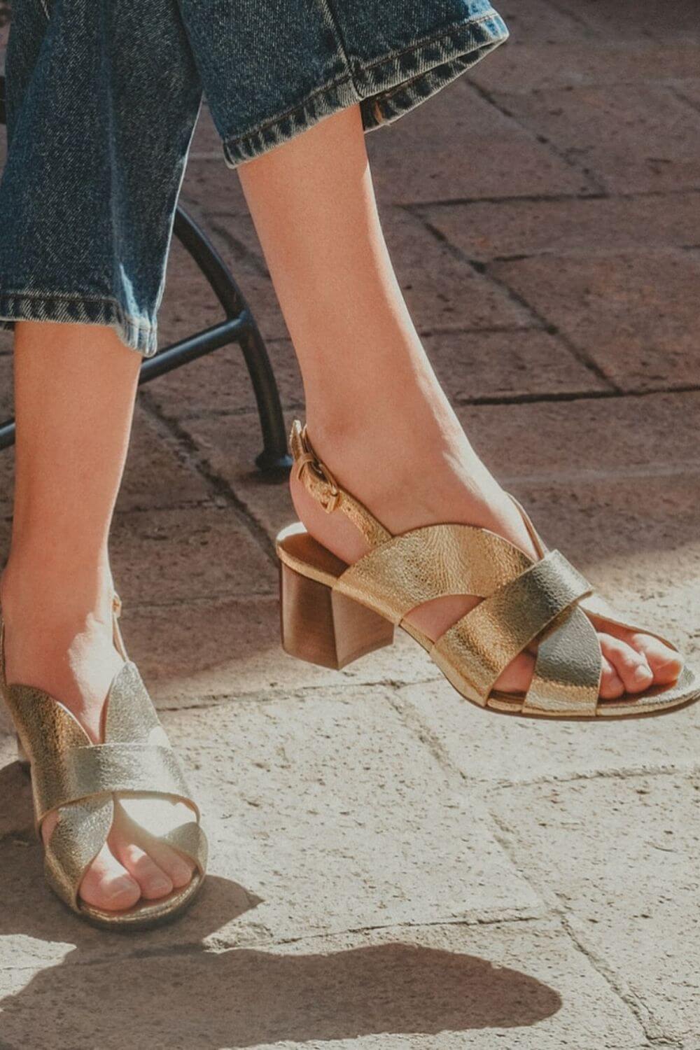 Metallic Crossover Slingback Sandals with Block Heel