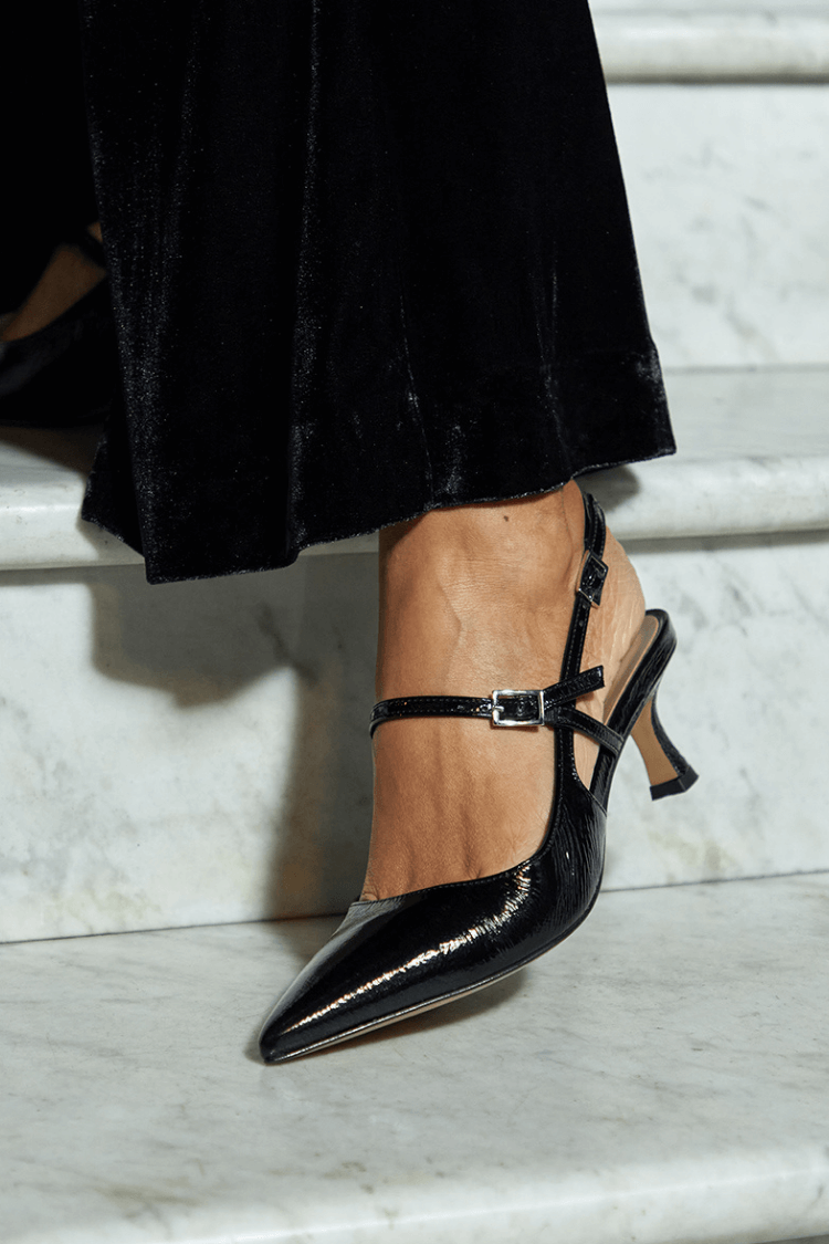 Extra Shiny Black Pointed Slingback Heels