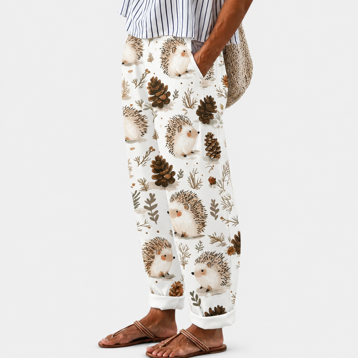 Comfort trousers with hedgehogs and woodland pattern
