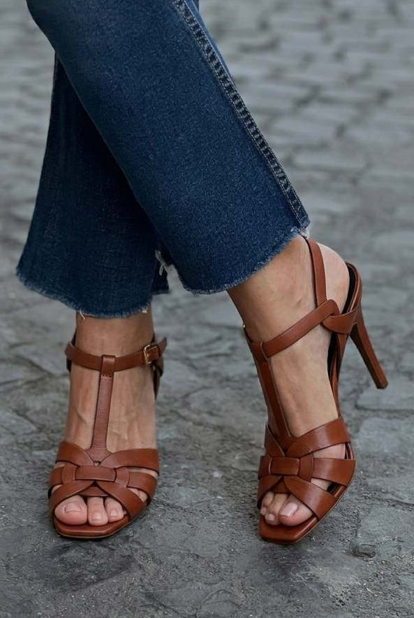 Woven Open-Toe Stiletto Sandals with T-Strap and Straps