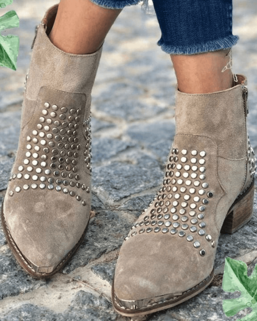 Chunky Suede Pointed Toe Ankle Boots with Studs