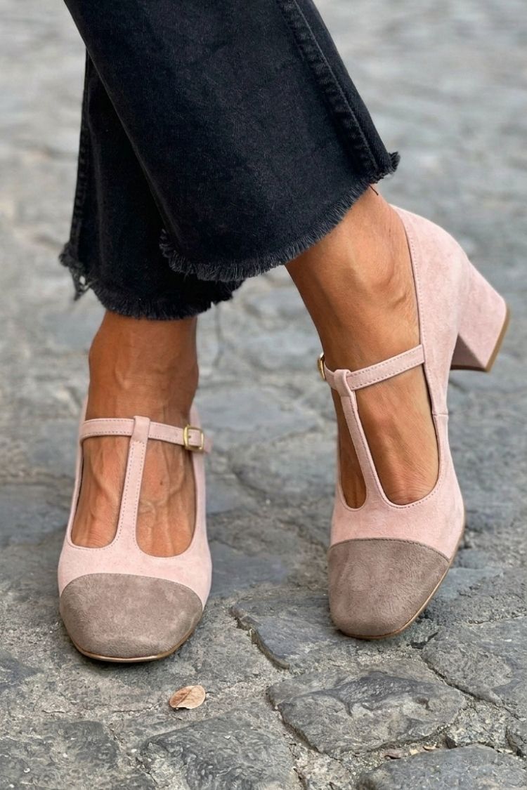 Wide Patchwork Red Round Toe Heels with Buckle and T-Bar