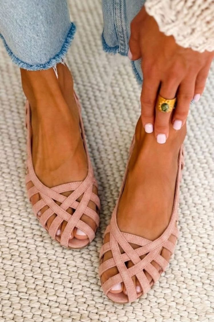 Chic Blush Suede Cut-Out Ballet Flats with Straps