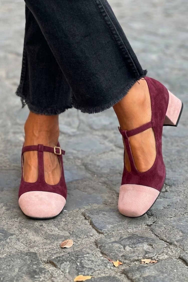 Wide Patchwork Red Round Toe Heels with Buckle and T-Bar