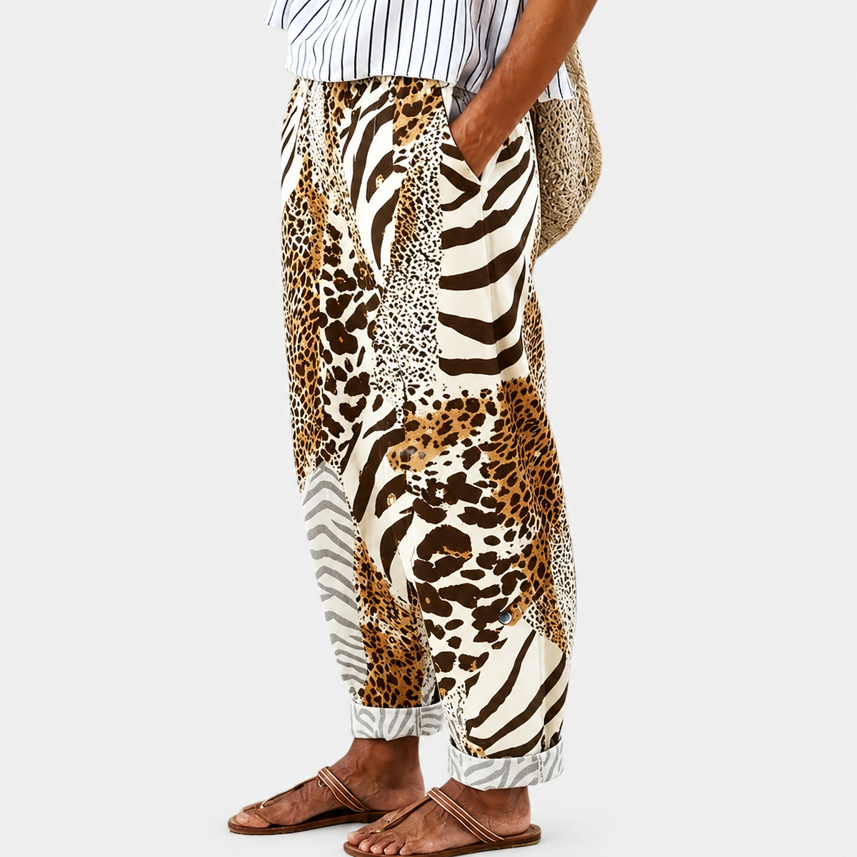 Comfort trousers with zebra and leopard print