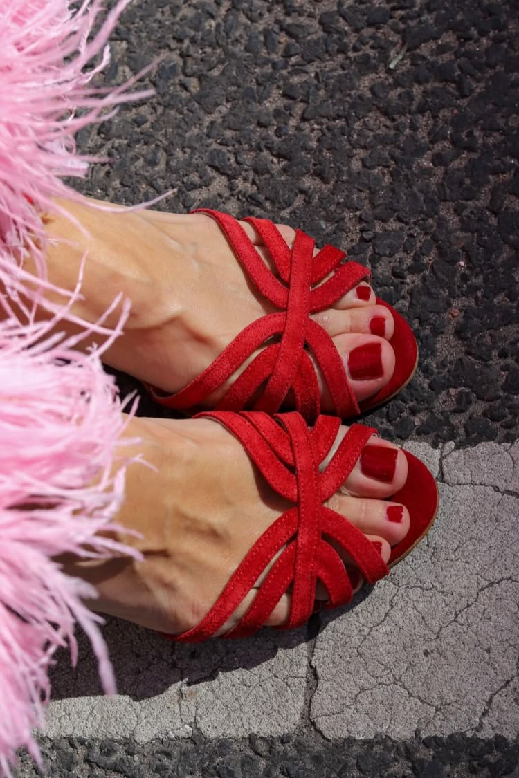 Red Suede Open-Toe Sandals with Crossed Straps