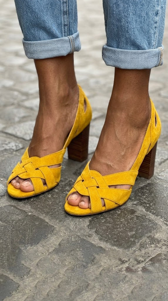 Mustard Suede Cut-Out Block Heels with Peep Toe