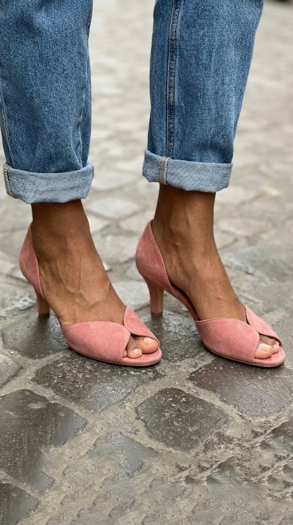 Pink Suede D'Orsay Kitten Peep Toe Heels