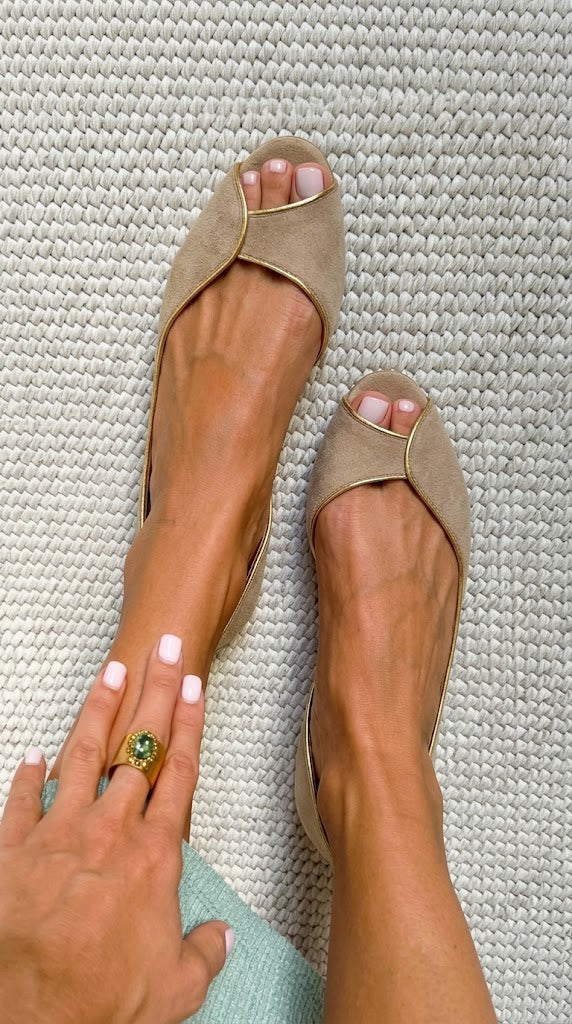 Beige and Gold Suede Open-Toe D'Orsay Ballet Flats