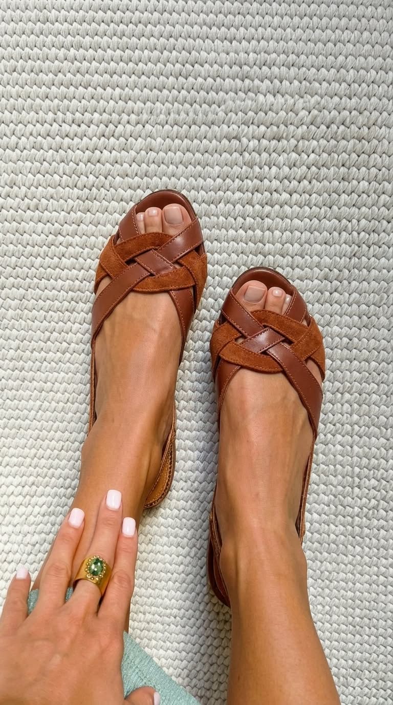 Brown Slingback Flat Sandals with Open Toes and Crossed Straps