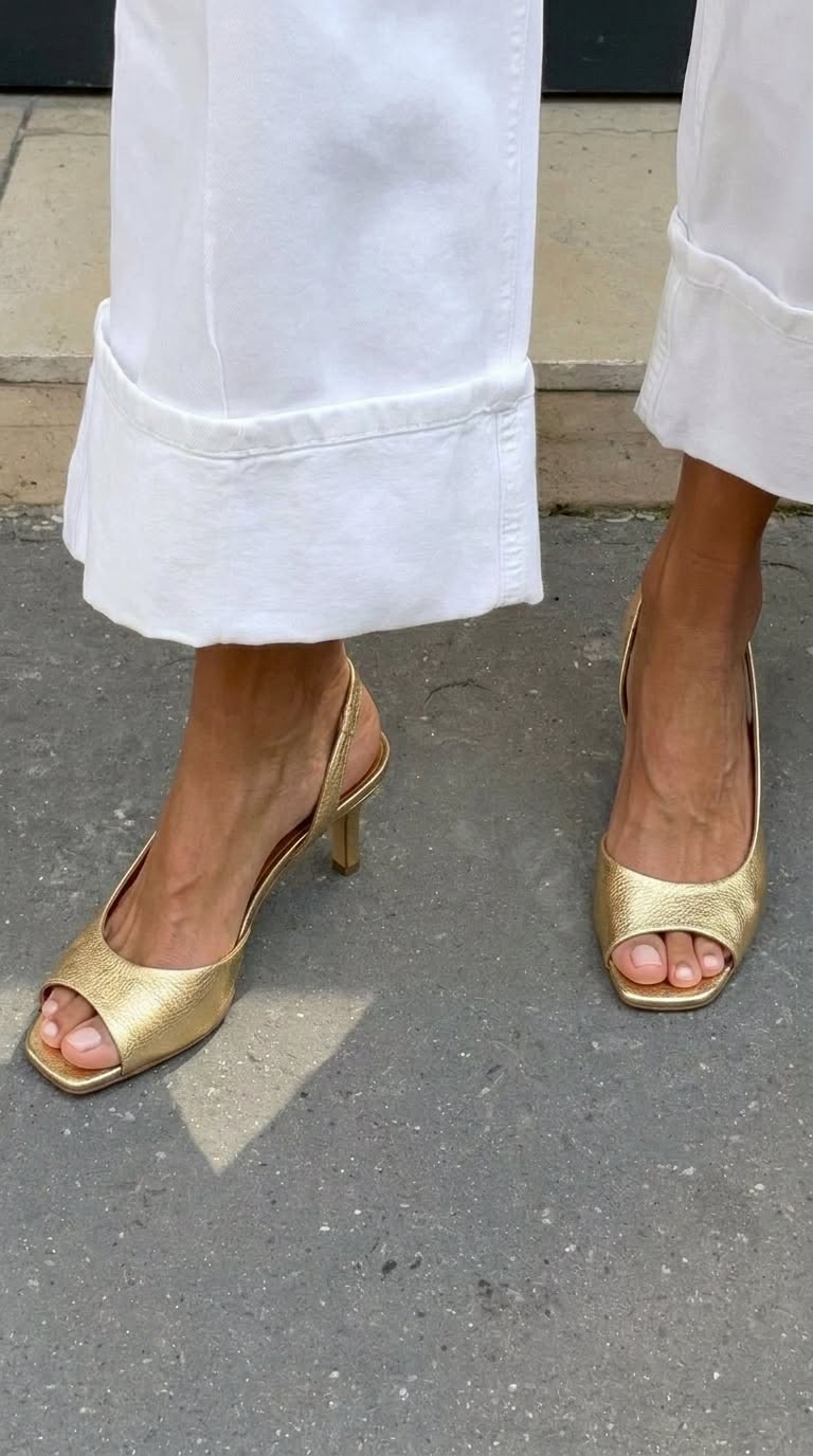 Metallic Gold Kitten Slingback Peep Toe Heels