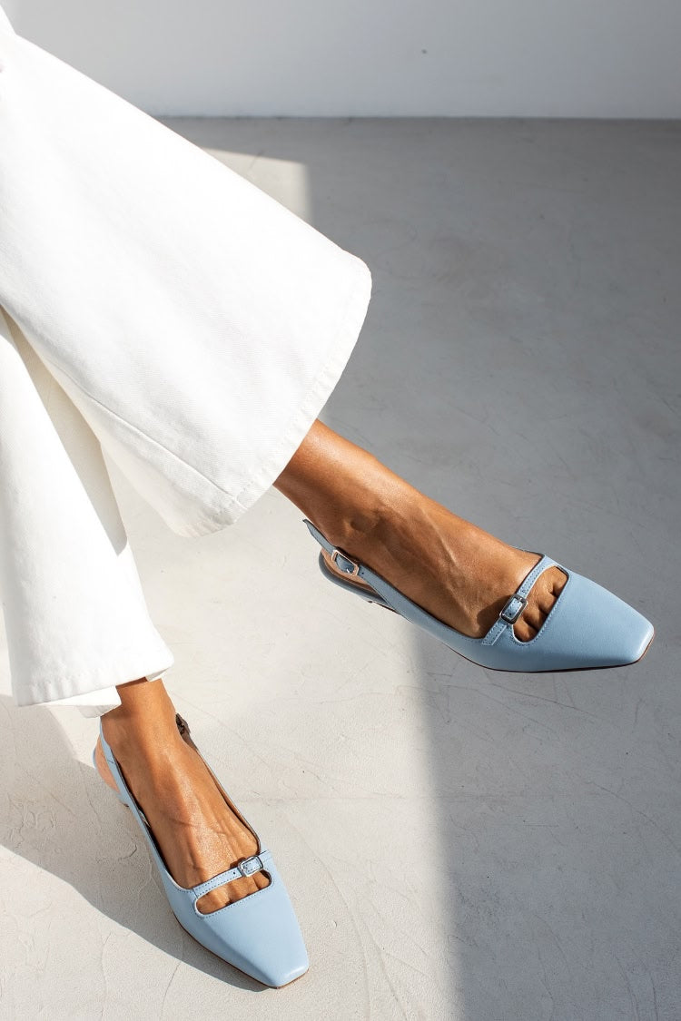 Cut-out Slingback Ballet Flats Azure Blue with Square Toe in Leather