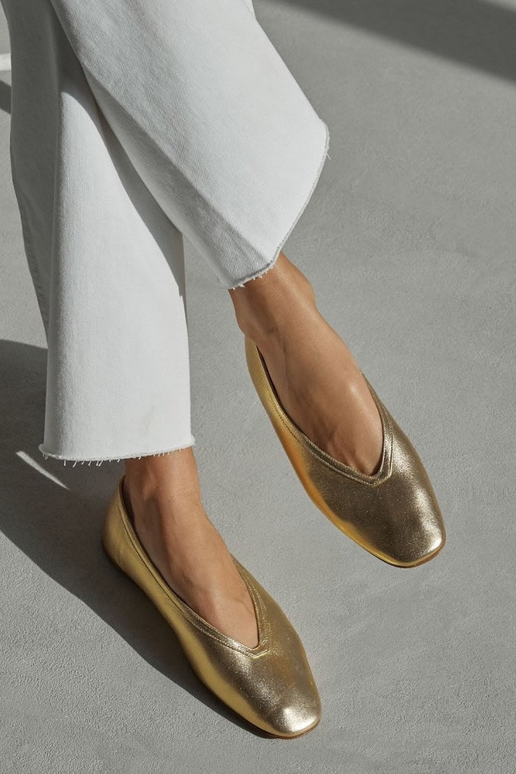 Gold Metallic Ballerinas with Square Toe