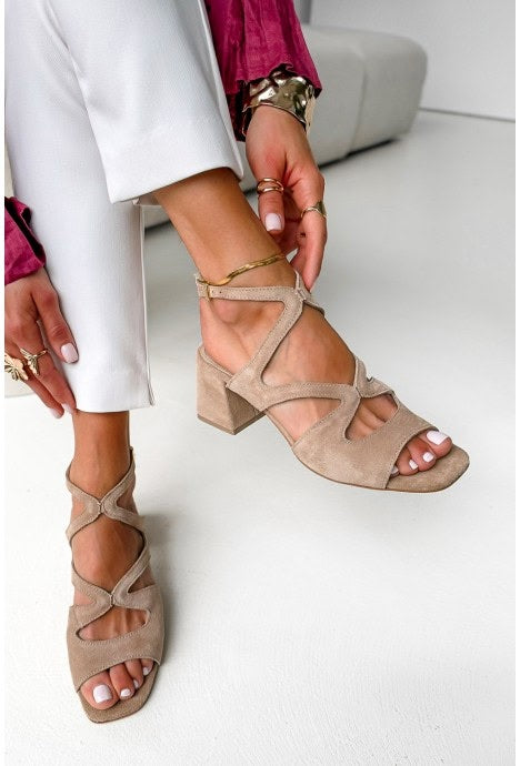 Beige suede block heels with ankle strap