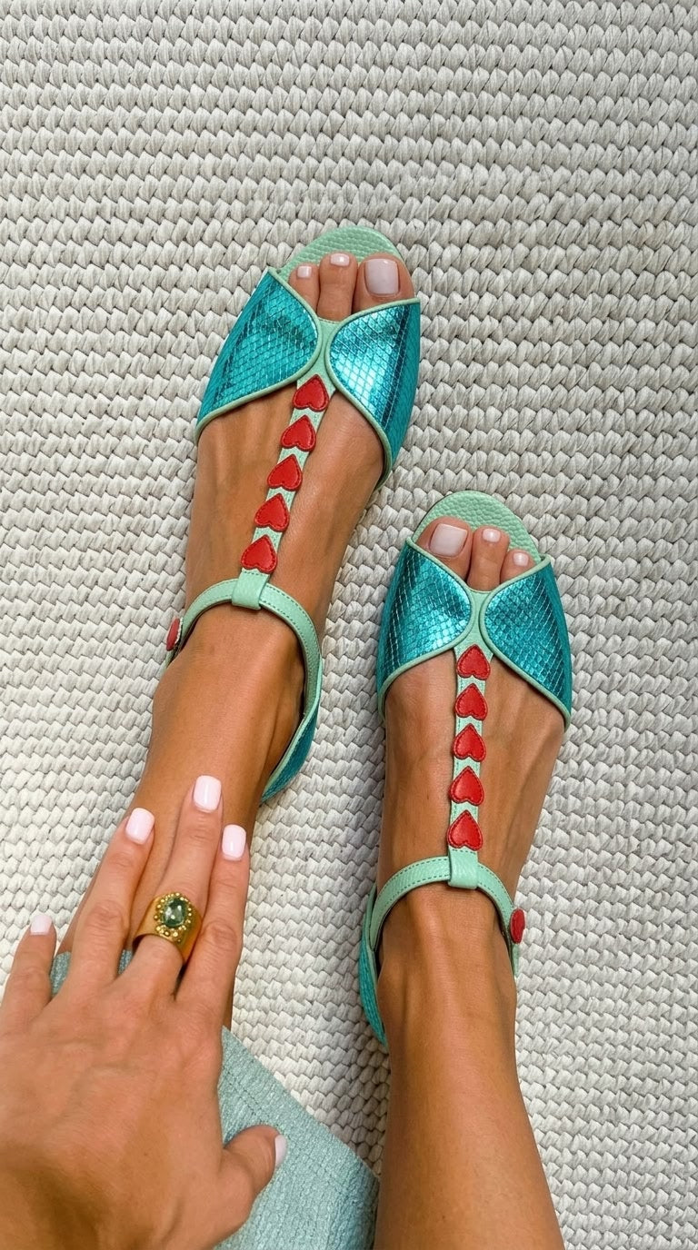 Petrol and Red Low Peep Toe Sandals with T-Strap and Heart