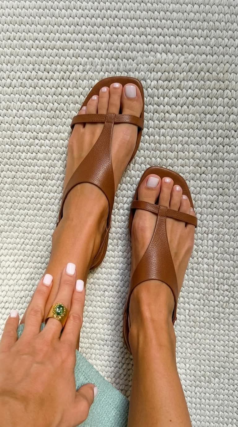 Low Cognac Slingback Sandals with Square Toe in Leather