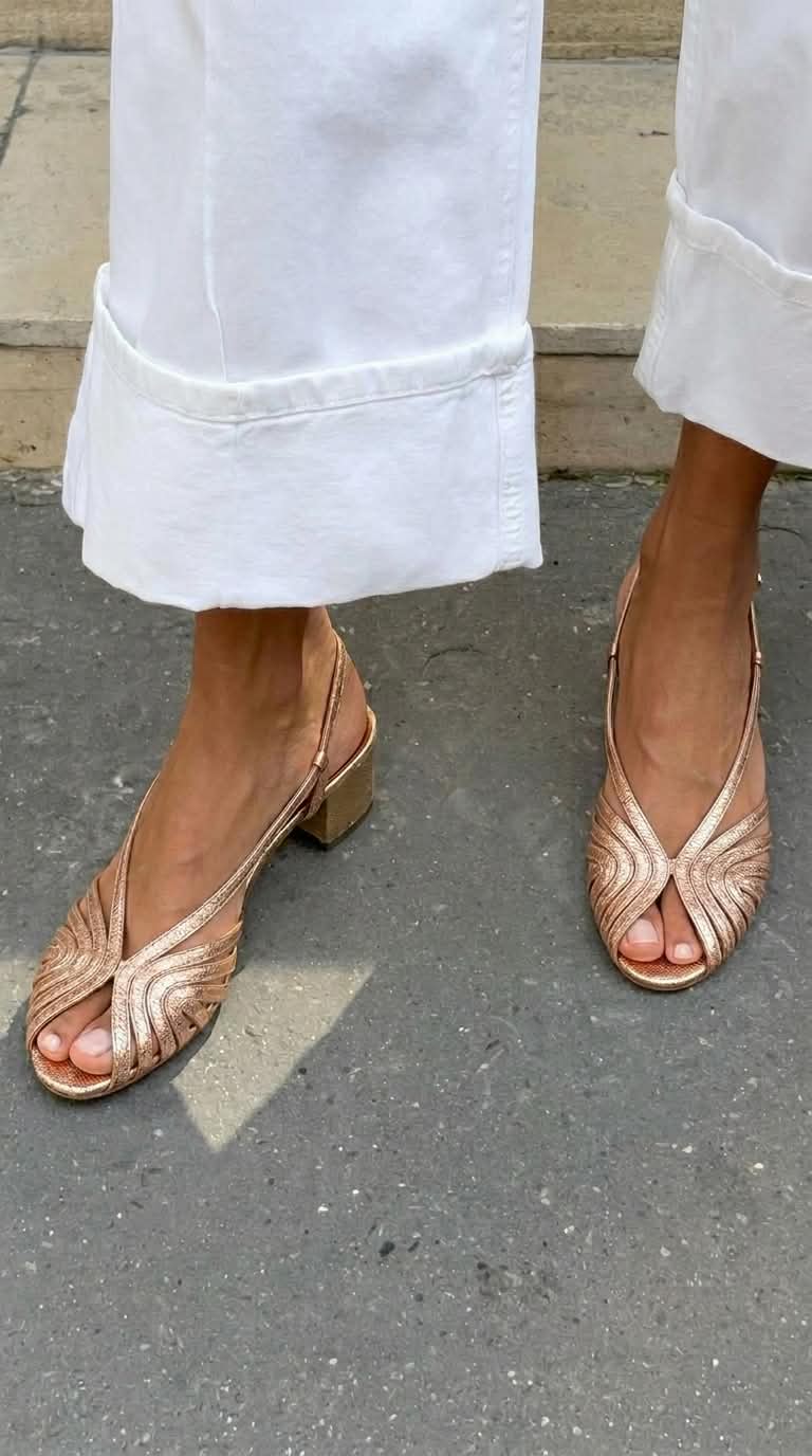 Metallic Rose Gold Woven Block Heel Slingback Peep Toe