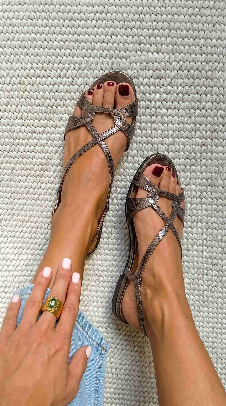 Bronze Open-Toe Low Slingback Sandals with Snake Effect